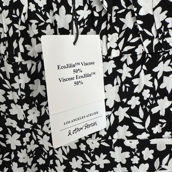 NWT & Other Stories Floral Square Neck Midi Dress Black White Double Puff Slit 2 - Picture 7 of 14